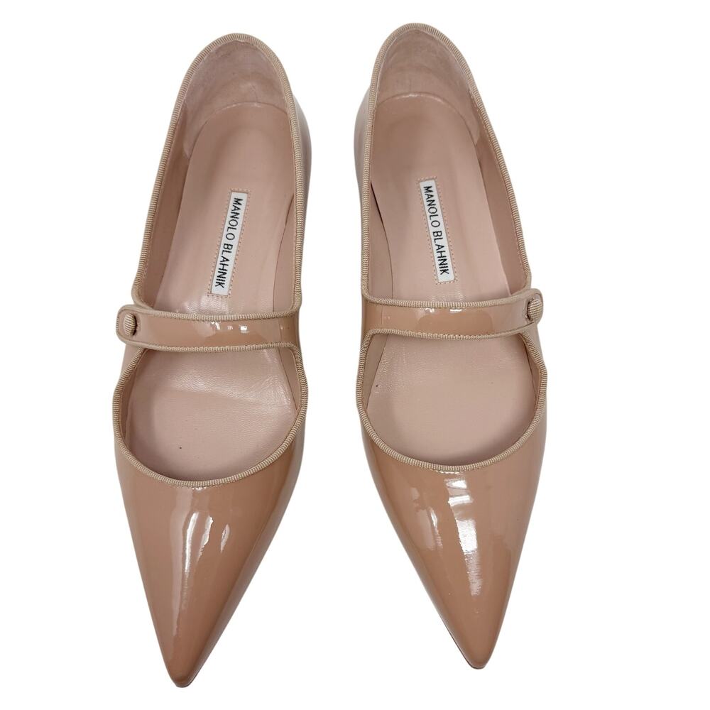 Manolo Blahnik Campariflat Nude Beige Tan Patent Pointed Toe Mary Jane Flats 40 - Picture 3 of 8